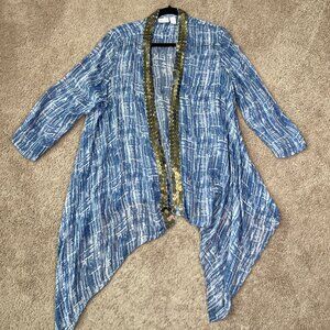 Chicos Kimono Jacket Womens 2 Blue Gold Coin Bohemian Western Greek Vacation